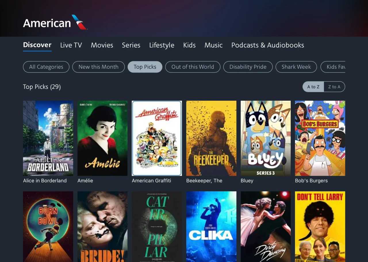 Movie selection on the AA app