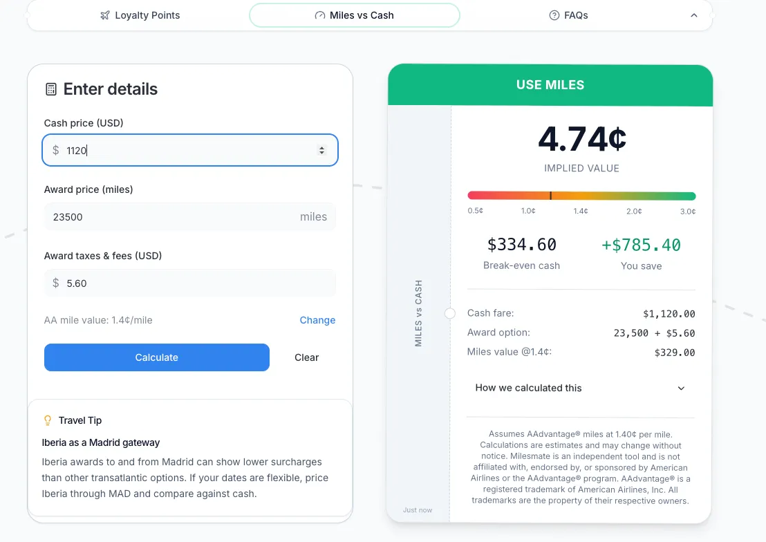AAdvantage miles vs cash calculator showing 4.74 cents per mile