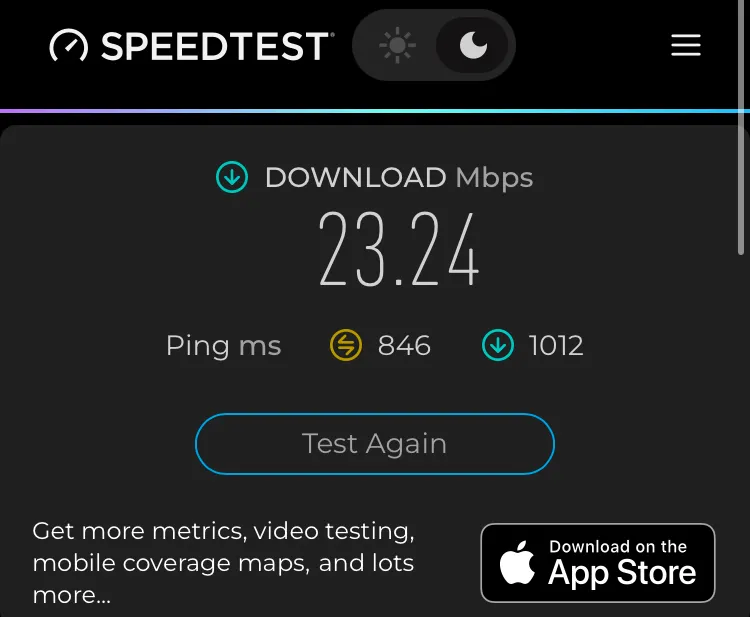 Speedtest result showing 23 Mbps on AA Wi-Fi