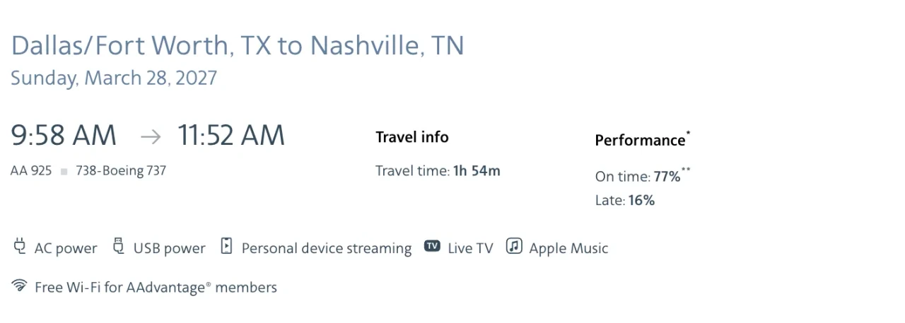 Schedule listing showing American Airlines flight 925 from DFW to Nashville