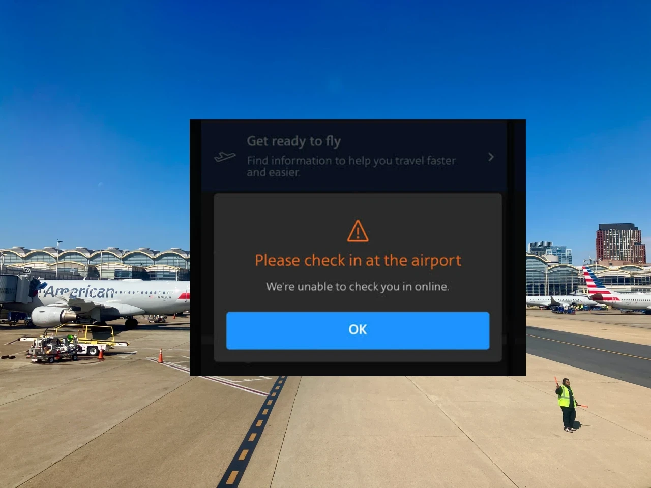 AA app "Please check in at the airport" error message