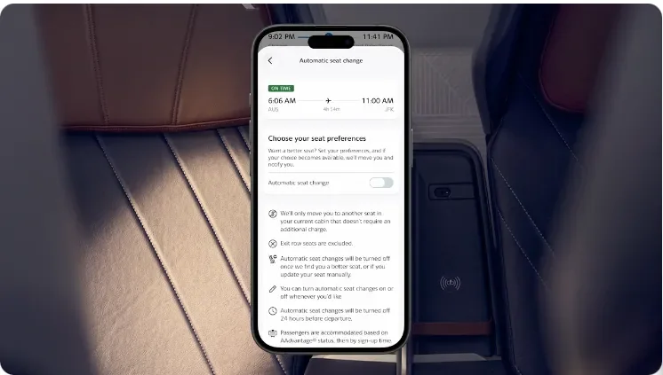 AA app seat preference monitoring screen