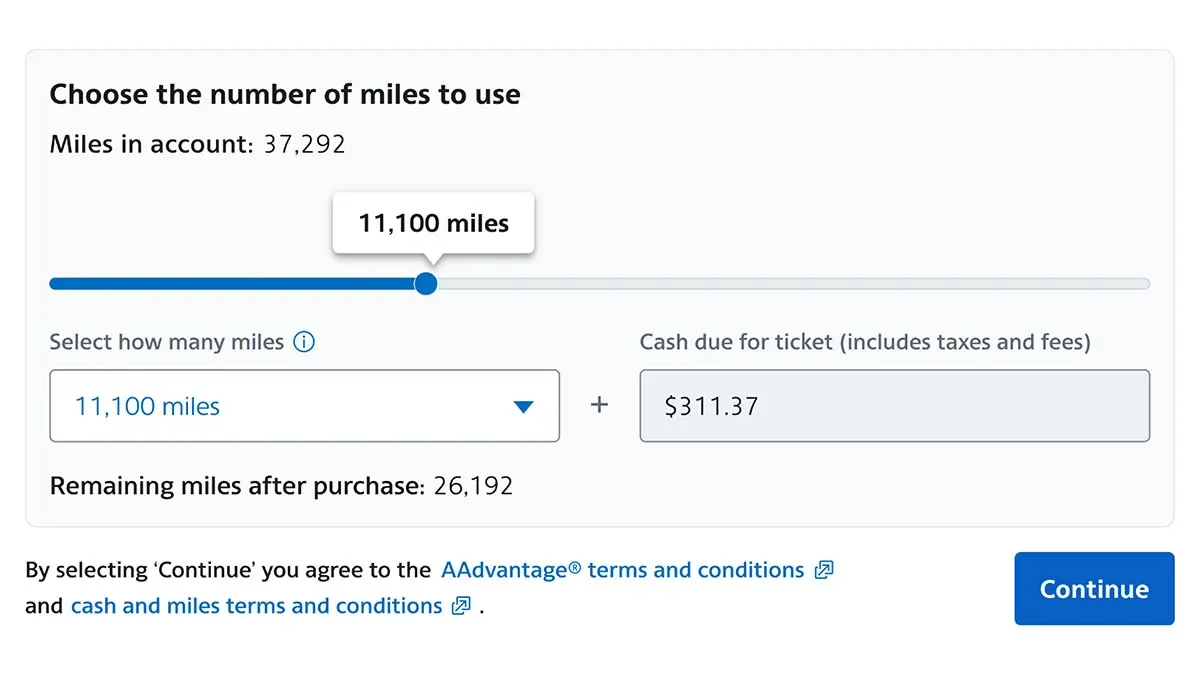 American Airlines cash and miles slider at checkout