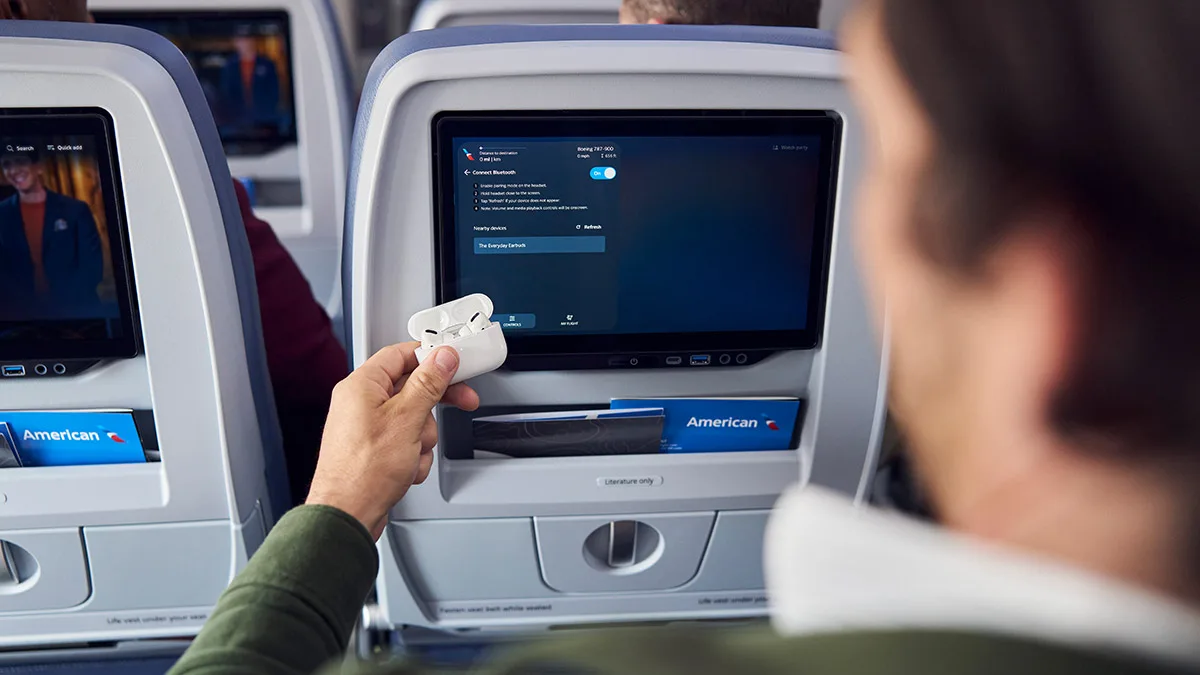 American Airlines narrowbody cabin render with seatback screens at every seat
