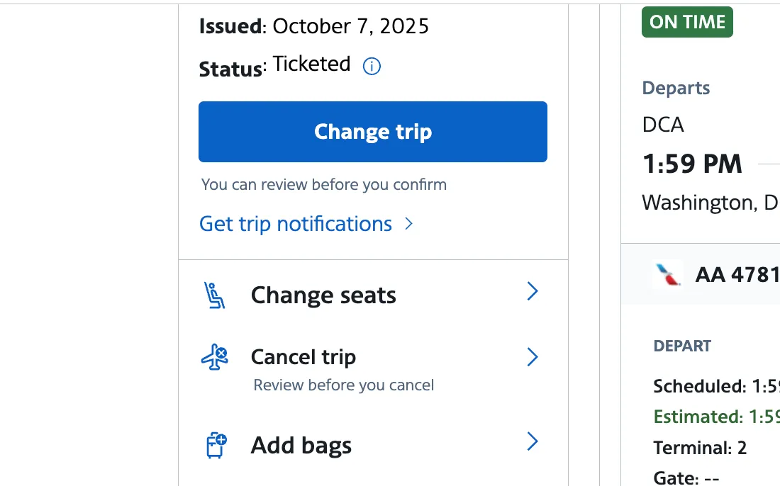 AA Change Trip tool showing a lower fare on the same route and dates