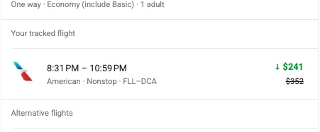 Google Flights price alert showing an $111 fare drop on an AA flight