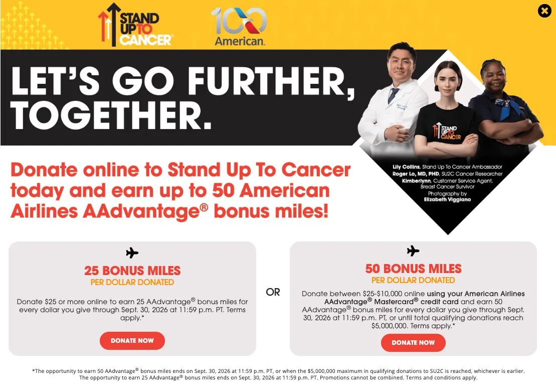 AA Stand Up To Cancer donation page showing 50 miles per dollar