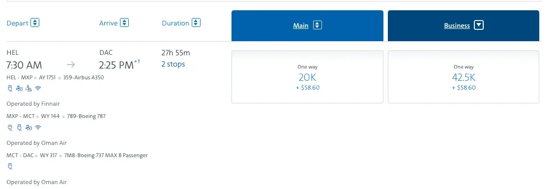 AAdvantage award availability from Helsinki to Bangladesh for 42,500 miles