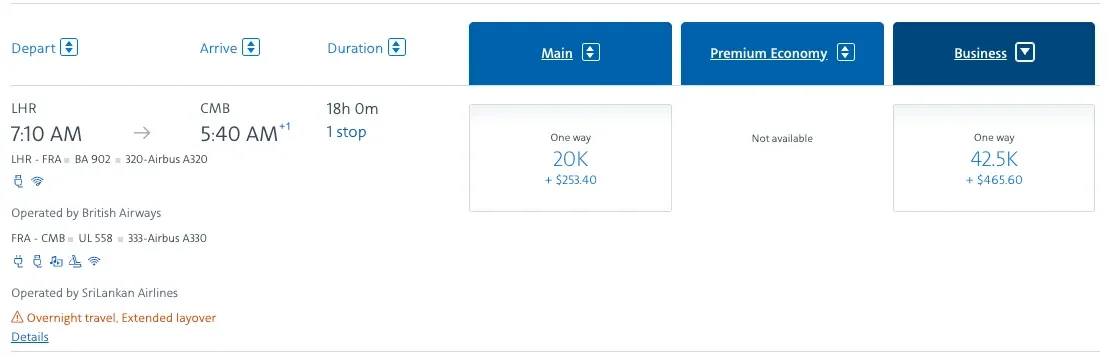 AAdvantage award availability from London to Colombo for 42,500 miles