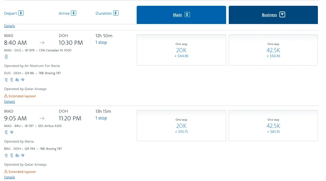 AAdvantage award availability from Madrid to Doha for 42,500 miles