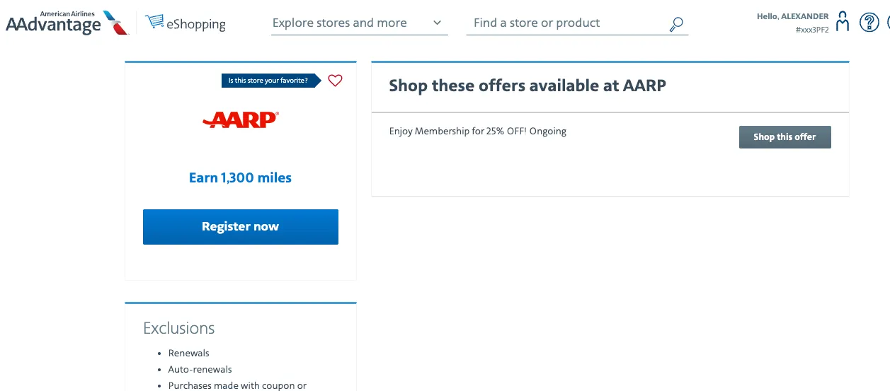 Earn 1,300 AA Miles + $8 Back on AARP for $7