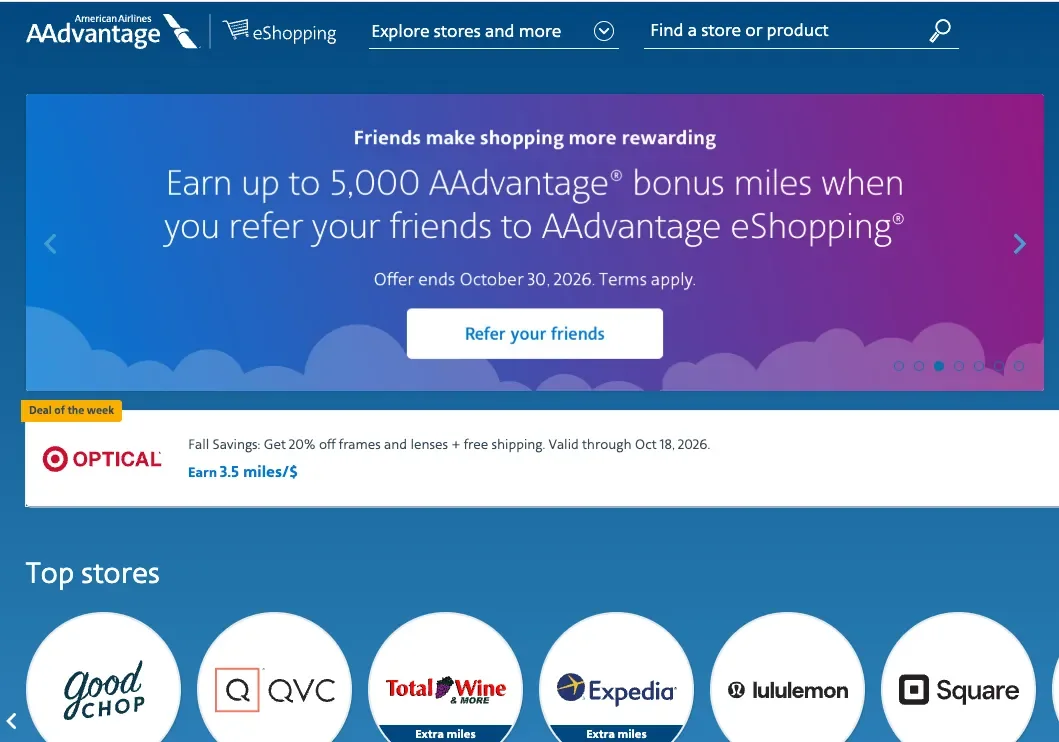 AAdvantage eShopping referral promotion banner offering up to 5,000 bonus miles through October 30, 2026