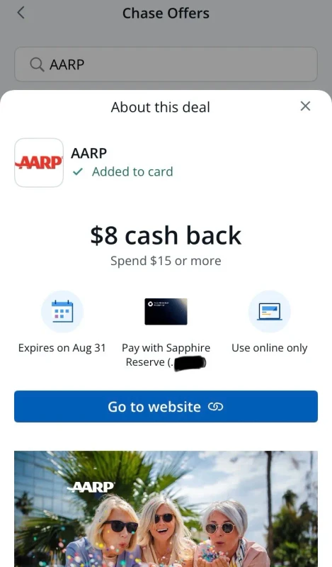 Chase Offers listing showing $8 back at AARP