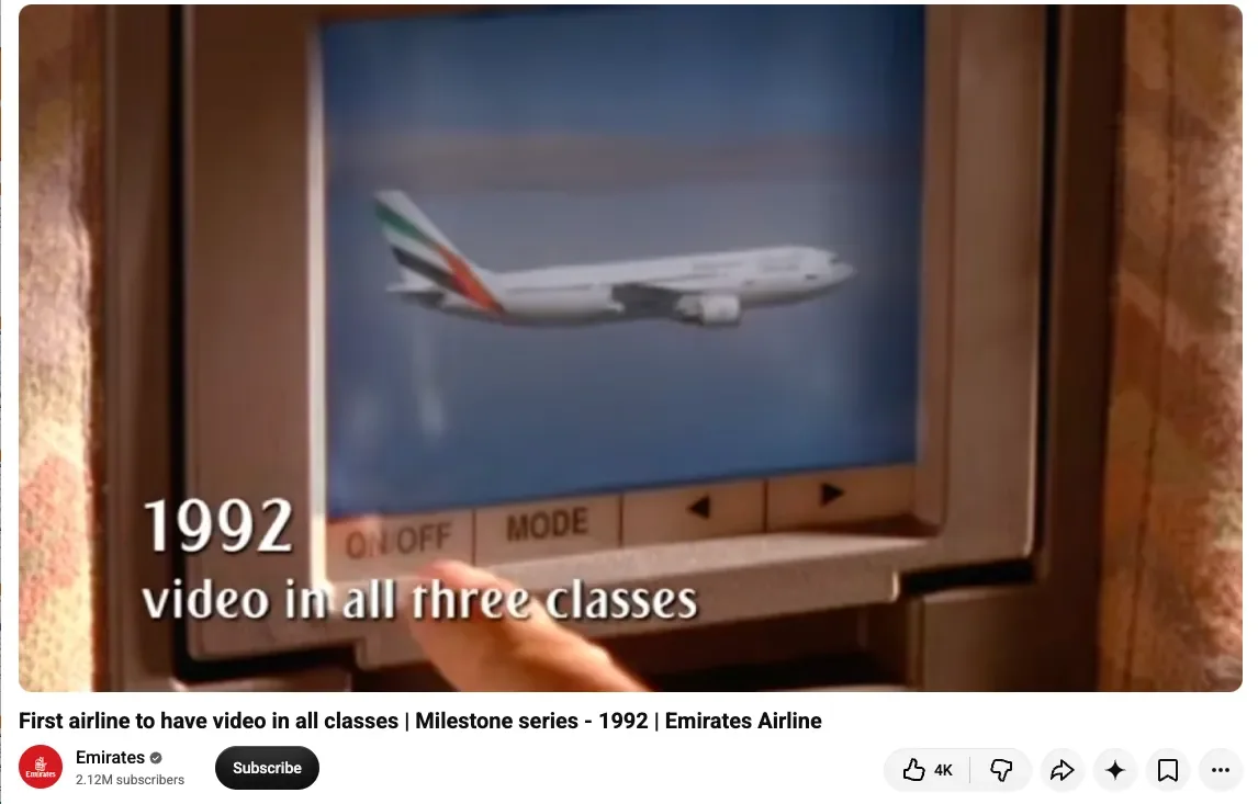 An old Emirates promotional video highlighting seatback video screens in every class