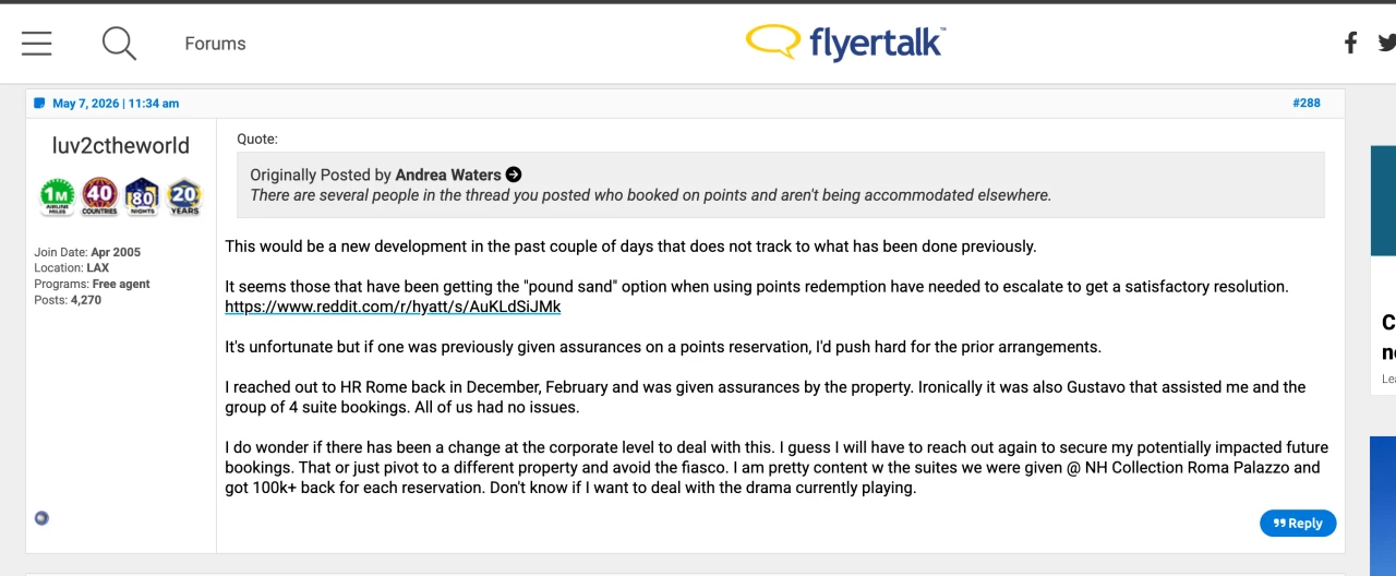 FlyerTalk screenshot of Hyatt Regency Rome Central cancellation report