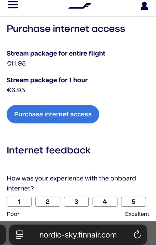 Finnair Wi-Fi portal on the Helsinki to Rome flight